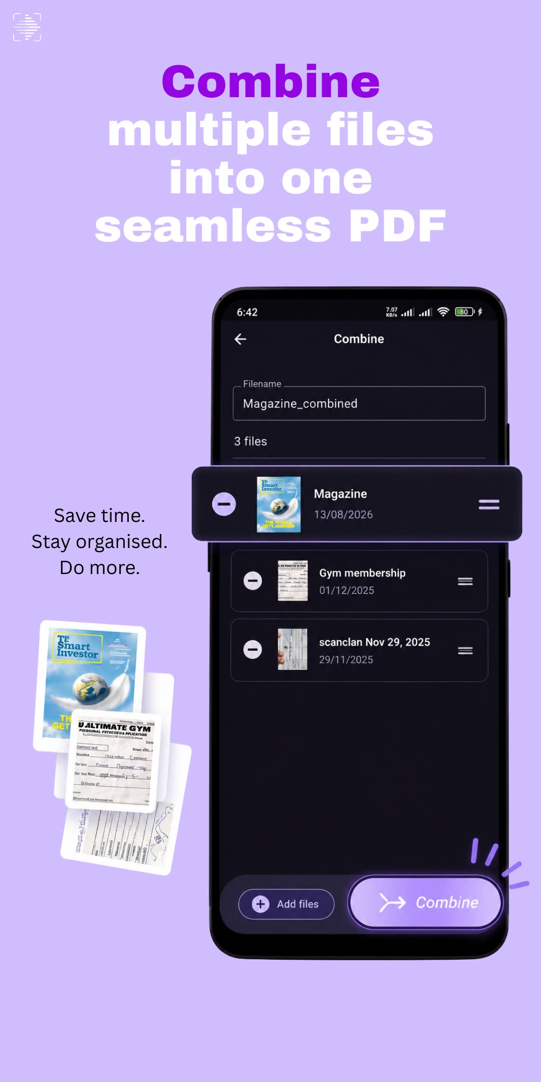 Combine multiple files into one seamless PDF: the Scan Clan combine screen with three documents queued into one, each row draggable