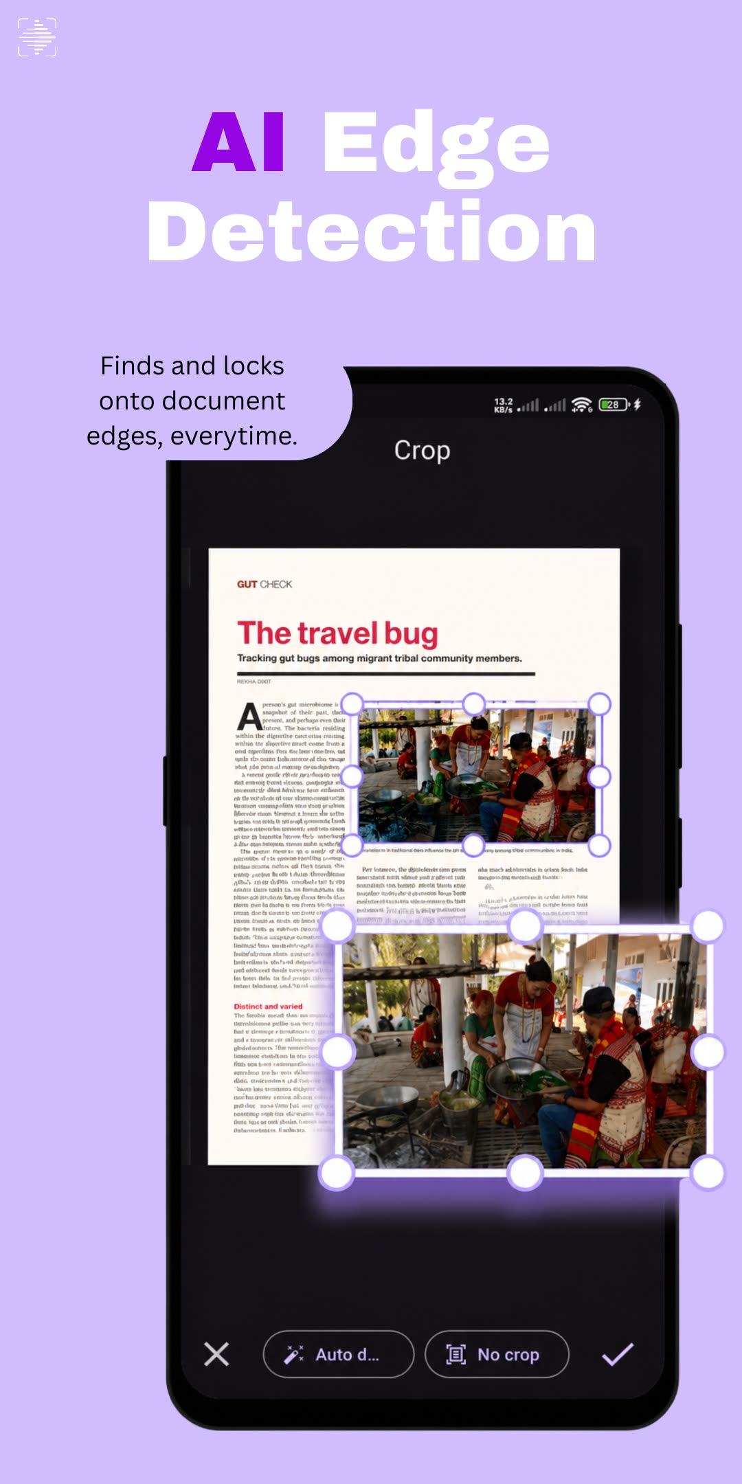 Edge detection: the Scan Clan crop screen, with handles on each corner of a detected region of a magazine page