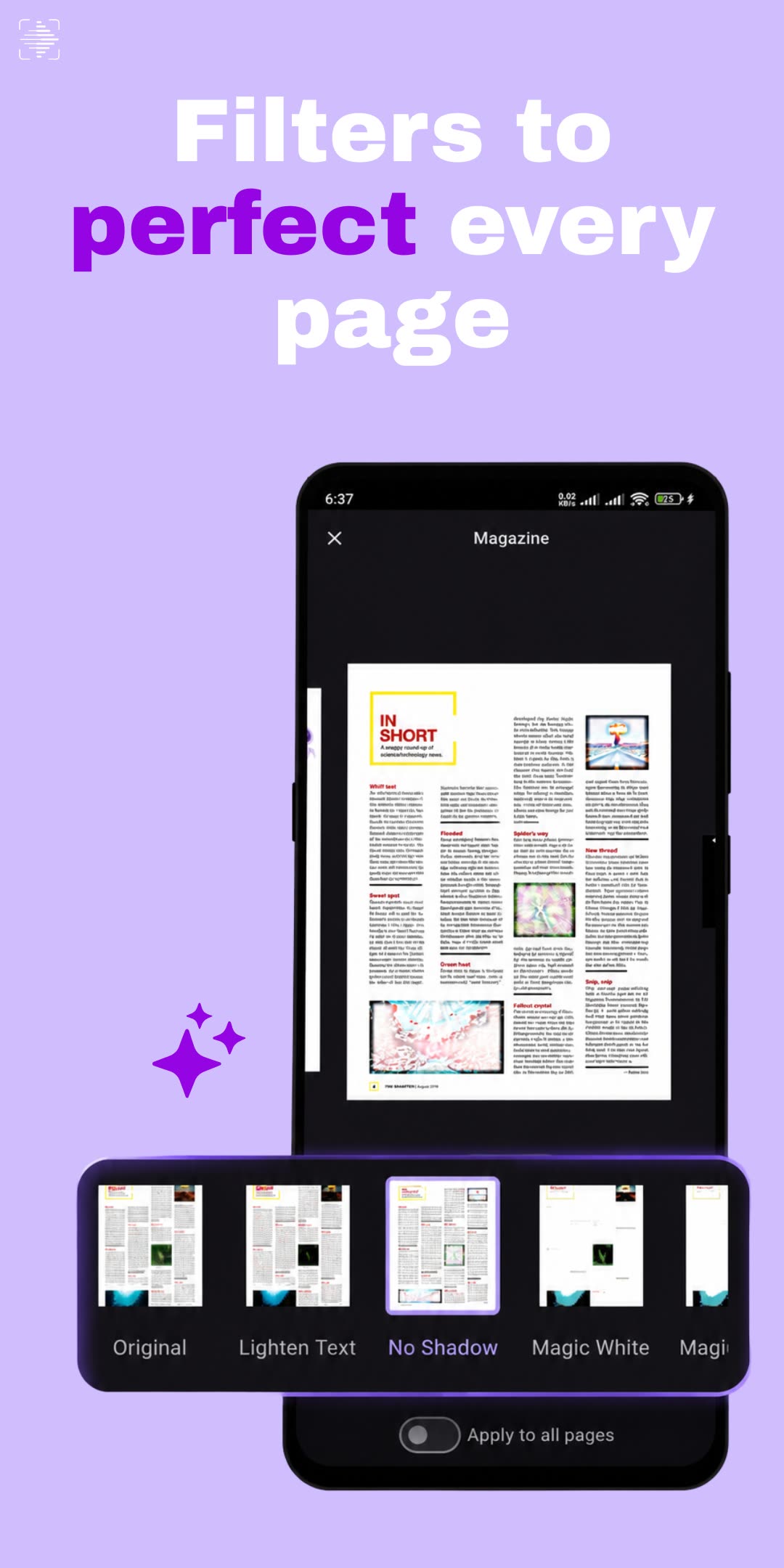 Filters to perfect every page: the Scan Clan filter picker showing a magazine page under the Original, Lighten Text, No Shadow and Magic White filters