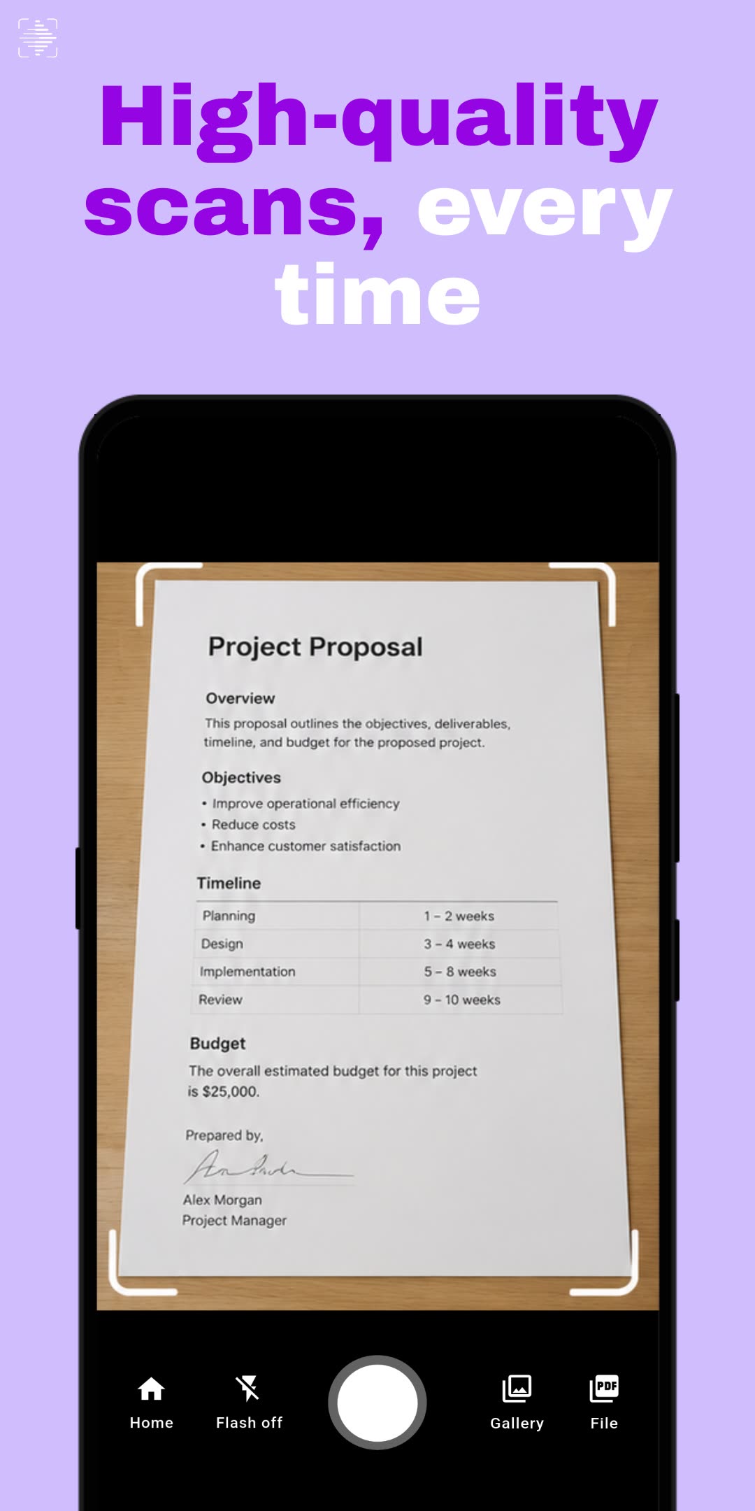 High-quality scans, every time: the Scan Clan camera aimed at a printed project proposal, with the corners of the page marked in the viewfinder