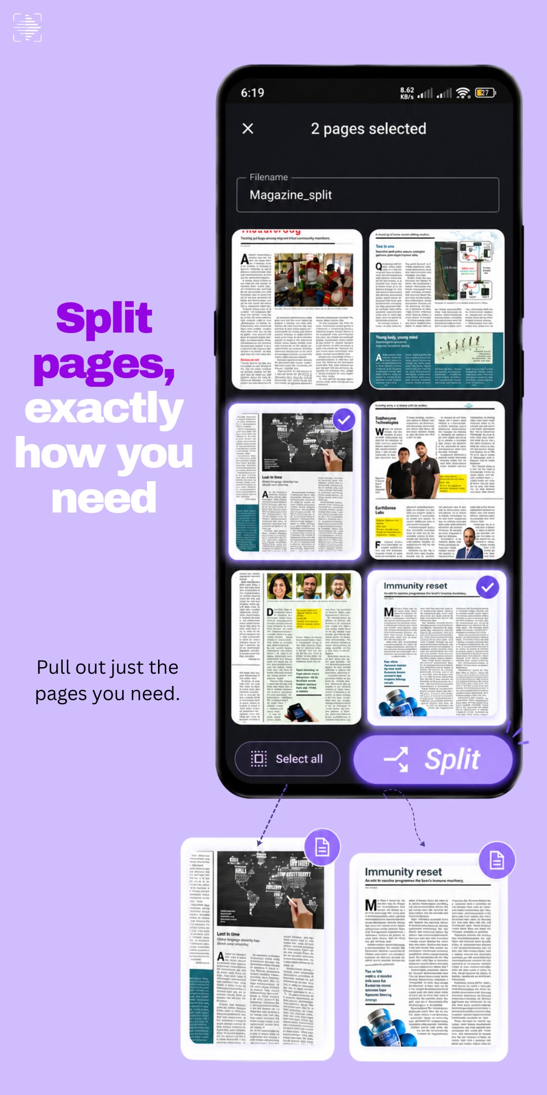 Split pages exactly how you need: the Scan Clan split screen with two pages of a magazine ticked, and the two documents they will become